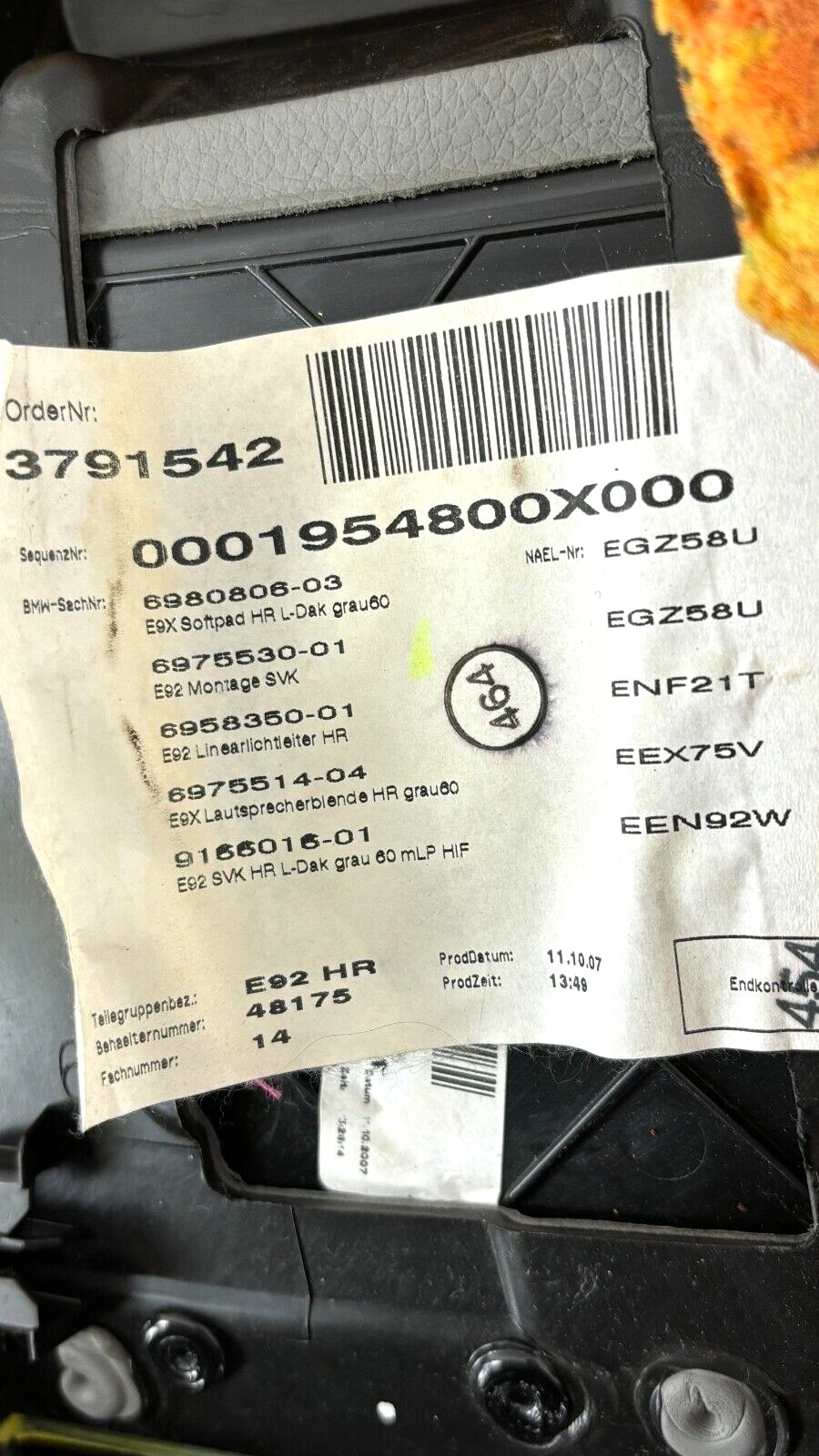 07-13 Bmw E92 335Xi Rear Passenger Right Interior Quarter Panel Gray