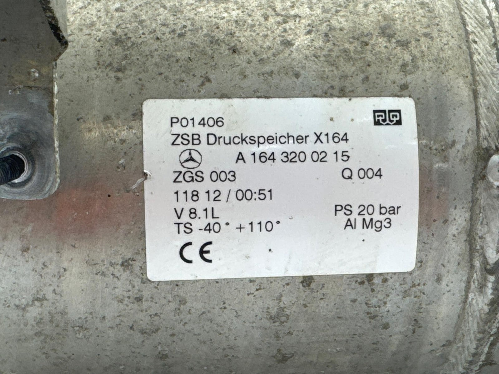 07-12 Mercedes GL450 Air Suspension Pressure Tank OEM 1643200215