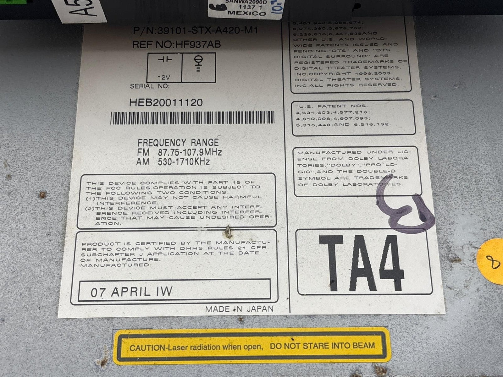 07-09 ACURA MDX Navigation GPS Radio 6 CD Replacement Player 39101-STX-A420