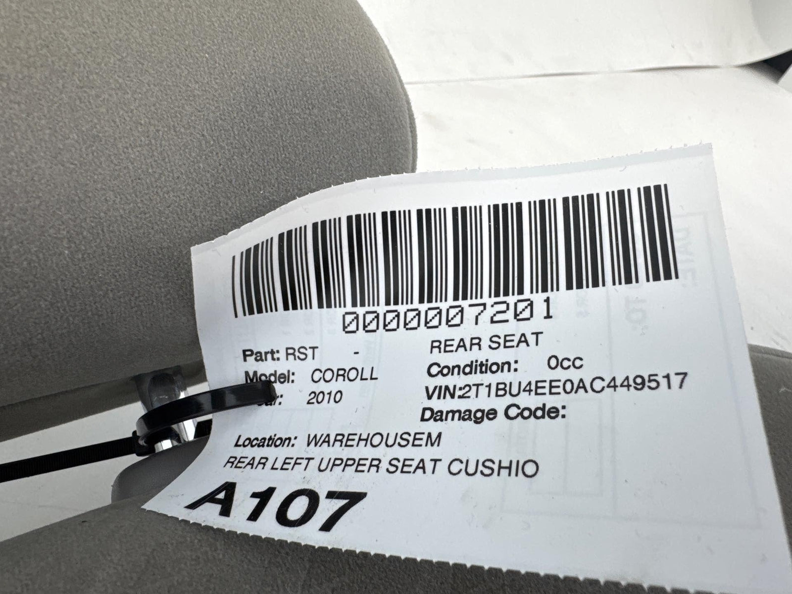 2009-2013 Toyota Corolla Rear Left Upper Seat Cushion, Cloth Ash Gray Oem